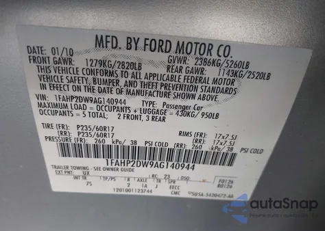 2010 Ford Taurus Se z USA, uszkodzony, nr VIN 1FAHP2DW9AG140944